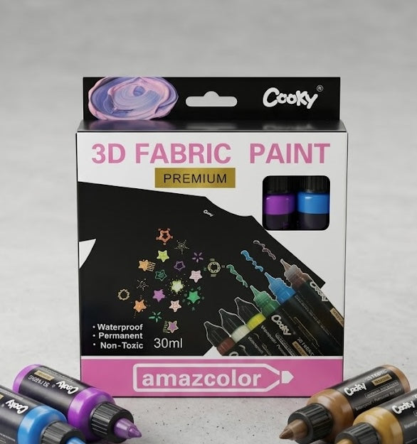 Cooky Premium 3D Fabric Paint Set | 6 Vibrant Colors | Waterproof & Non-Toxic | Perfect for DIY Art & Craft Projects