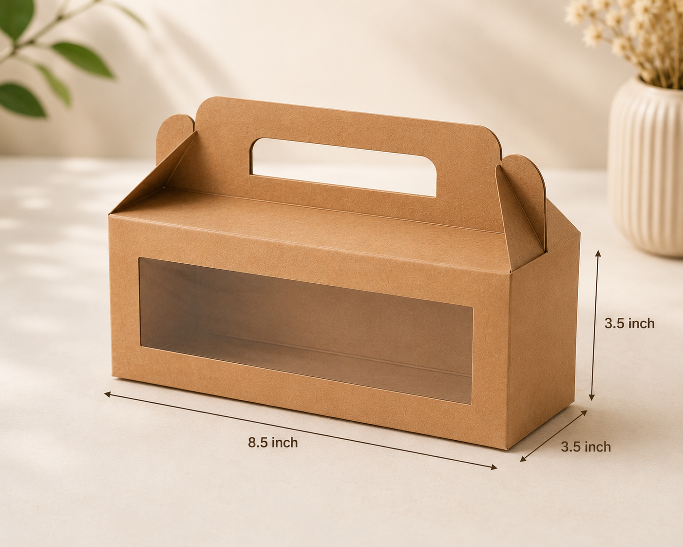 Premium Kraft Window Gift Box with Handle | 8.5 × 3.5 × 3.5 Inch Hamper Packaging Box | Multipurpose Gift Box