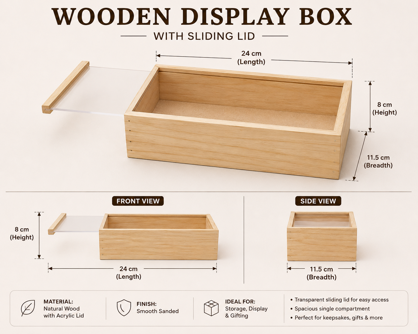 Premium Wooden Display Box with Sliding Acrylic Lid | 24 × 11.5 × 8 cm Storage & Gift Box for Chocolates, Dry Fruits & Hampers