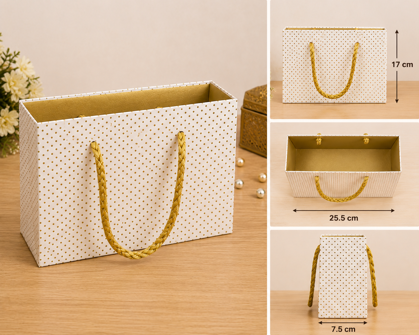 Premium White Gift Bag with Handles | 25.5 × 7.5 × 17 cm Luxury Gift Packaging Bag for Hampers, Chocolates & Festive Gifts (Only Hamper box)