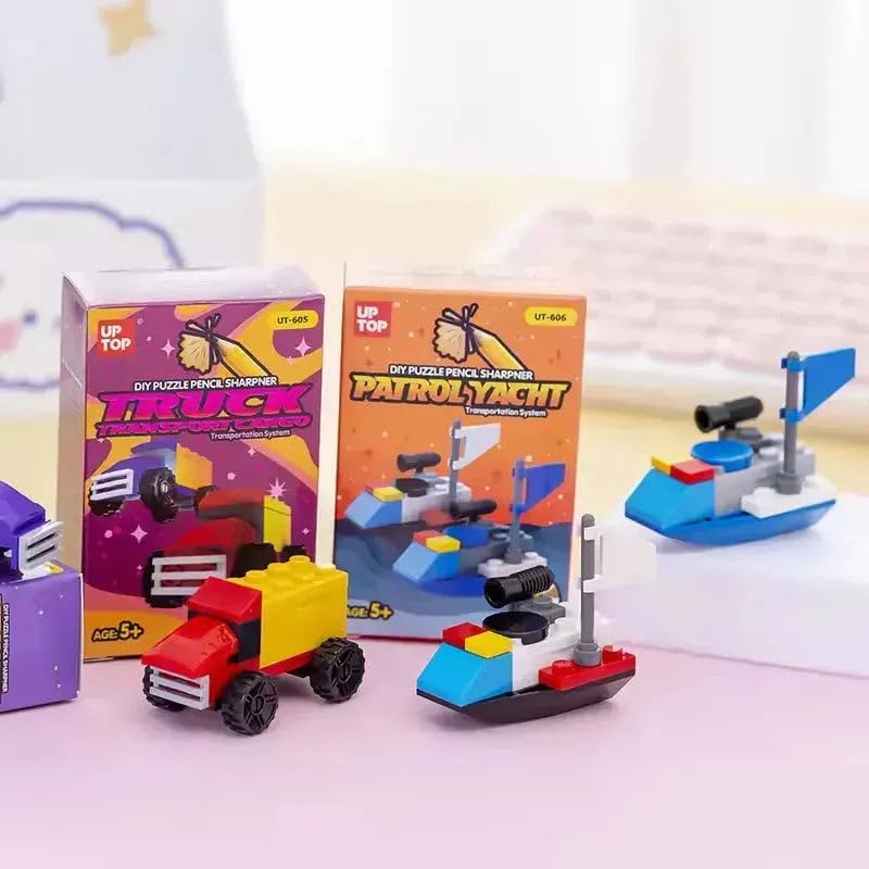 DIY Puzzle Pencil Sharpener | Building Block Toy | Space Craft, Truck, Patrol Yacht Designs | Multicolour | Plastic | Birthday Return Gifts