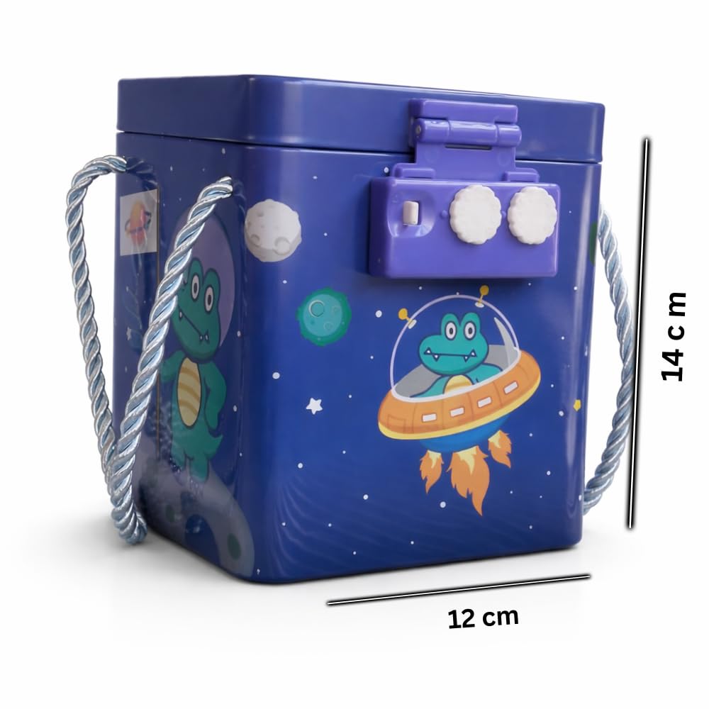 Metal Piggy Bank with Number Lock | Blue Tin Money Saving Box for Kids & Adults | Crocodile Star Travel Print Coin Bank | Cute Space Theme Gullak | Secure Password Locker