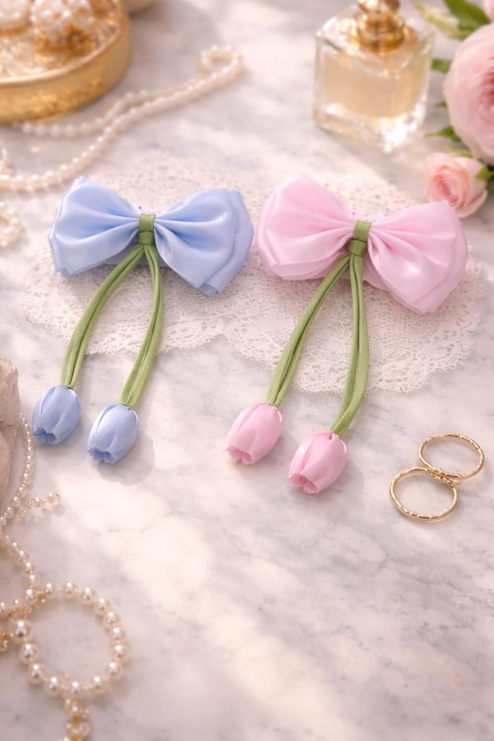 Satin Bow Hair Clips for Women & Girls | Pastel Bow Hair Accessories with Tulip Charm | Korean Aesthetic Hair Bows for Bun & Ponytail | Multicolour