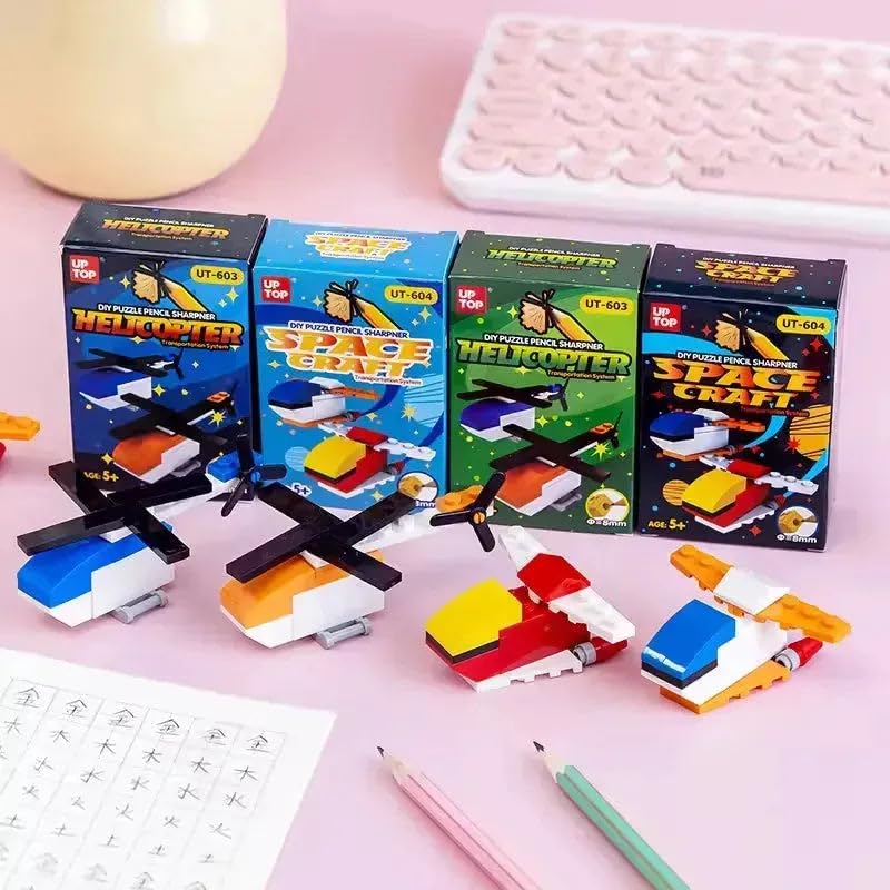 DIY Puzzle Pencil Sharpener | Building Block Toy | Space Craft, Truck, Patrol Yacht Designs | Multicolour | Plastic | Birthday Return Gifts
