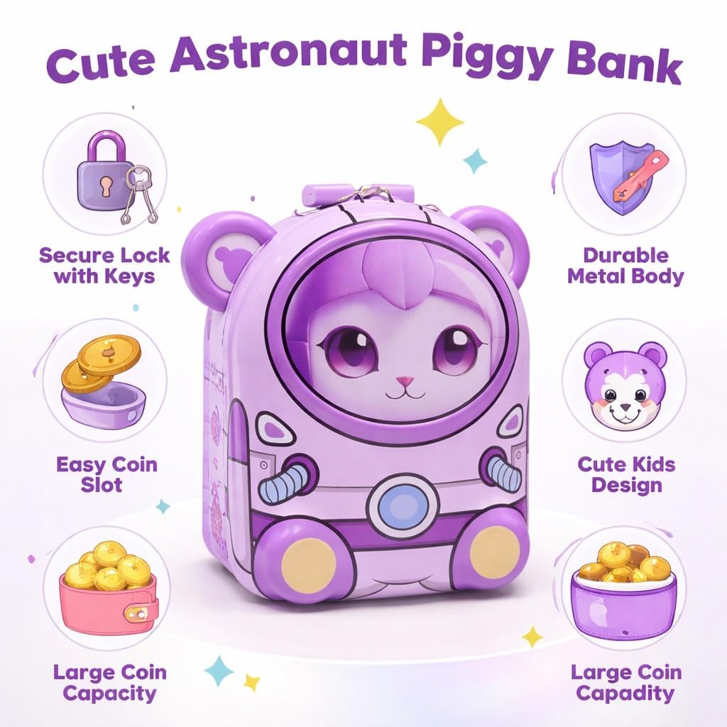 Cartoon Piggy Bank for Kids with Lock – Cute Money Saving Box for Boys & Girls | Coin & Cash Storage Mini Locker | Best Birthday Return Gift |Bear | Purple