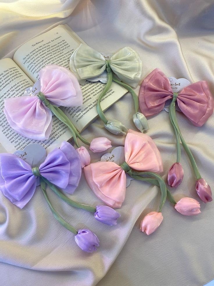 Satin Bow Hair Clips for Women & Girls | Pastel Colour | Tulip Charm | Korean Aesthetic Bows Pin