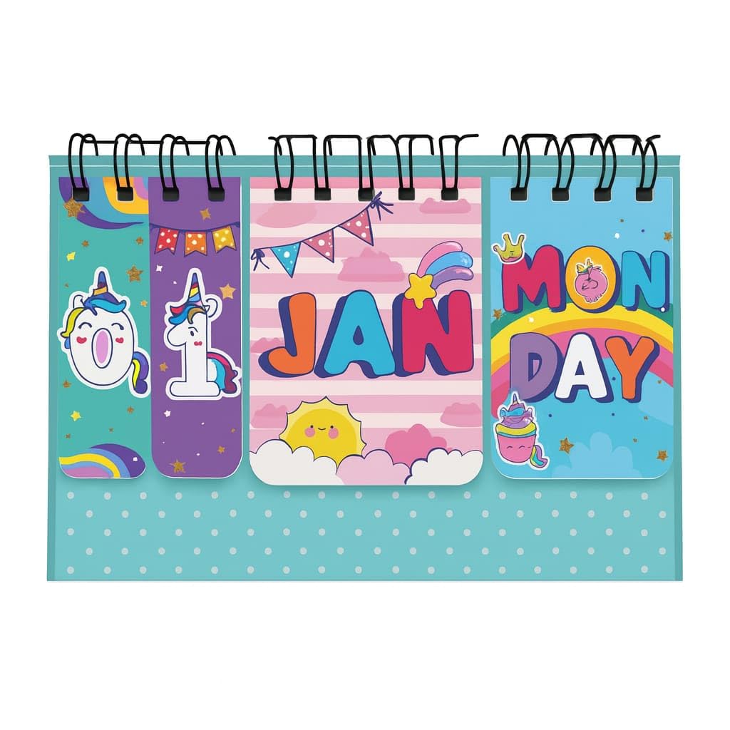 Cute Desk Calendar | Perpetual Table Calendar | Unicorn Design | Size 26x17cm | Spiral Standing Desk Calendar for Kids, Teens, Home & Office Use