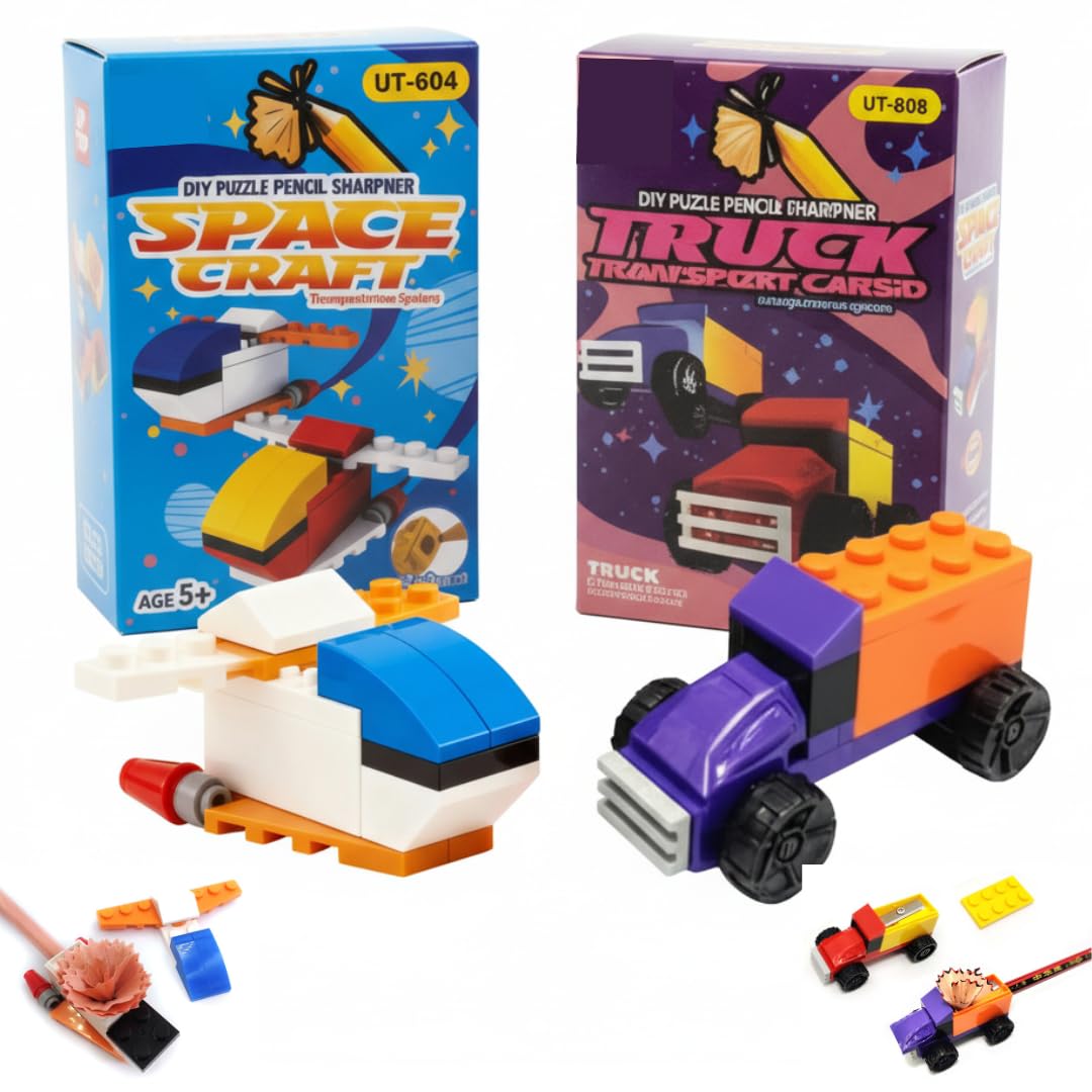 DIY Puzzle Pencil Sharpener | Building Block Toy | Space Craft, Truck, Patrol Yacht Designs | Multicolour | Plastic | Birthday Return Gifts