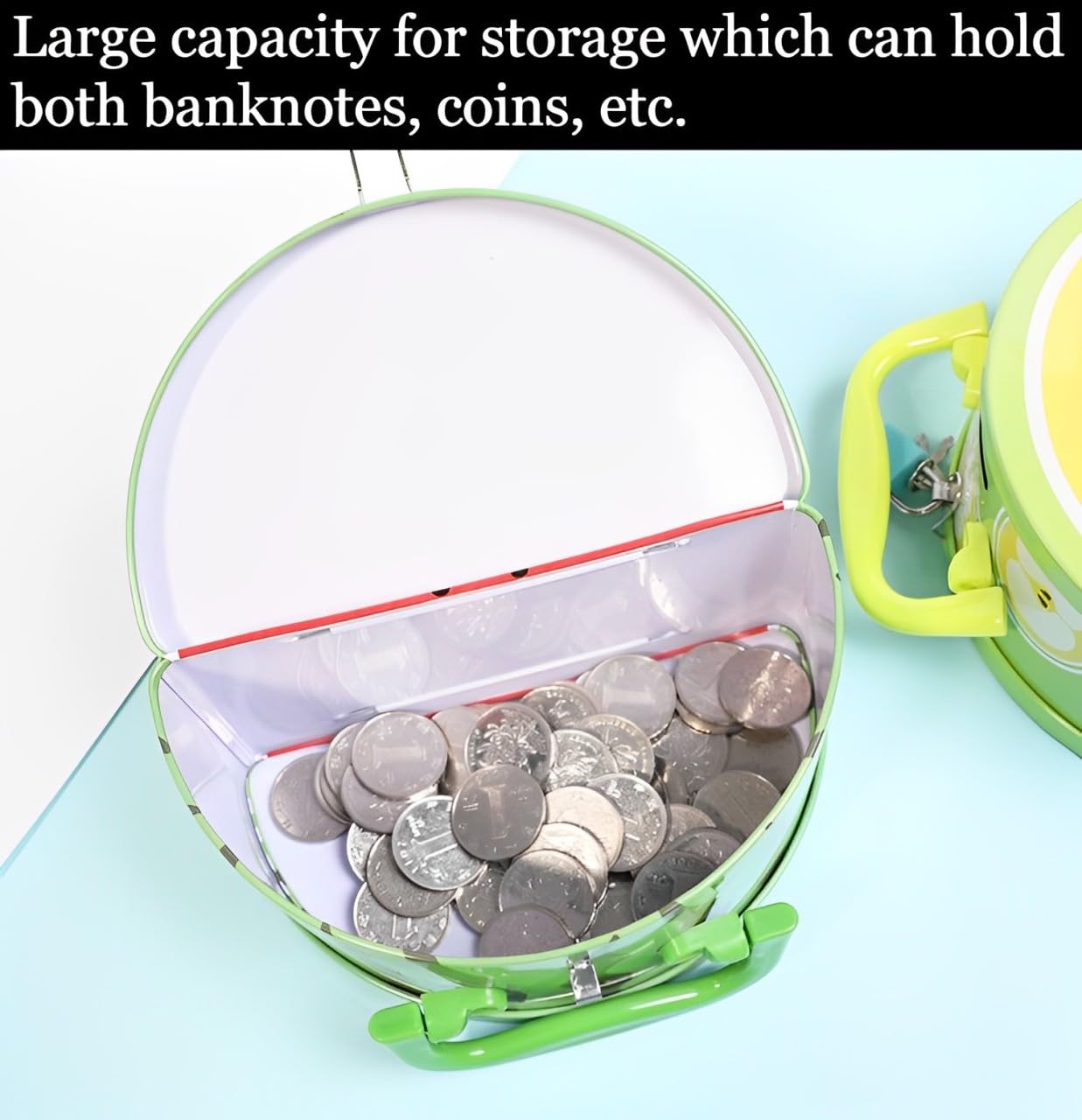 Fruits Shaped Money Bank with Lock, Keys and Portable Handle | Metal Coin Saving Gullak for Kids