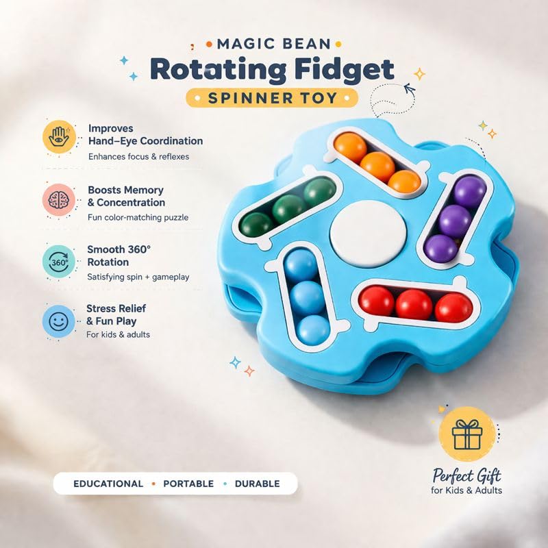 Fidget Toy Rotating Magic Bean Cube Spinner | Double Flip Puzzle Cube | Stress & Anxiety Relief | Educational Learning Toy for Kids & Adults | Blue Colour