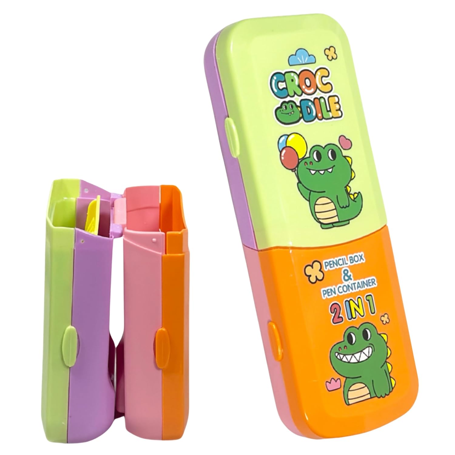 2-in-1 | Foldable Pencil Box & Pen Stand for Kids | Multicolour Cartoon Pencil Case | Compact & Expandable Storage Organiser for School Supplies