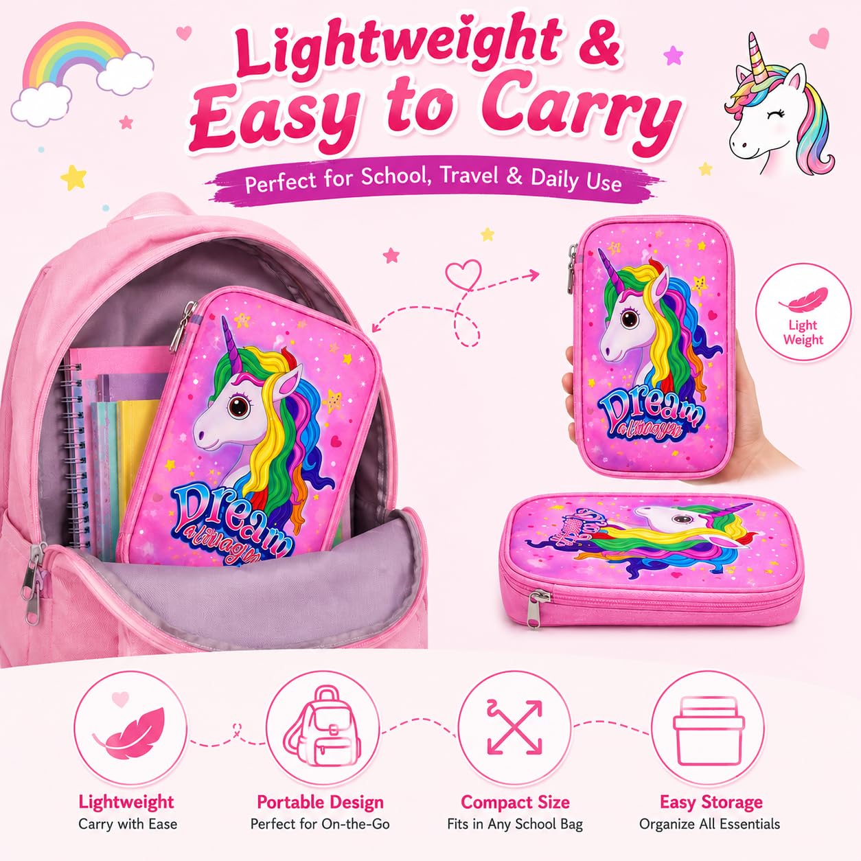 Pencil Box Unicorn Theme with Zip, HardCase Character Box, Multipurpose Large Capacity Jumbo Pencil Box Stationery case