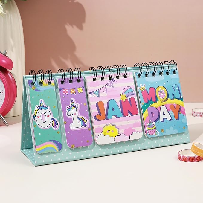 Cute Desk Calendar | Perpetual Table Calendar | Unicorn Design | Size 26x17cm | Spiral Standing Desk Calendar for Kids, Teens, Home & Office Use