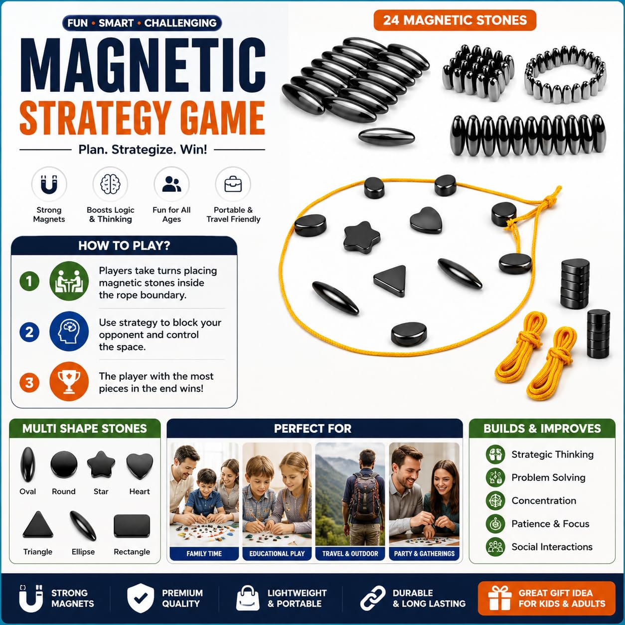 Magnetic Sizzle Game |Magnetic Chess Game for Kids & Adults | 24 Magnetic Stones Strategy Board Game | Travel Puzzle Family Game | Educational Brain Teaser Toy Family Fun (3+ Year)