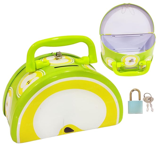 Fruits Shaped Money Bank with Lock, Keys and Portable Handle | Metal Coin Saving Gullak for Kids