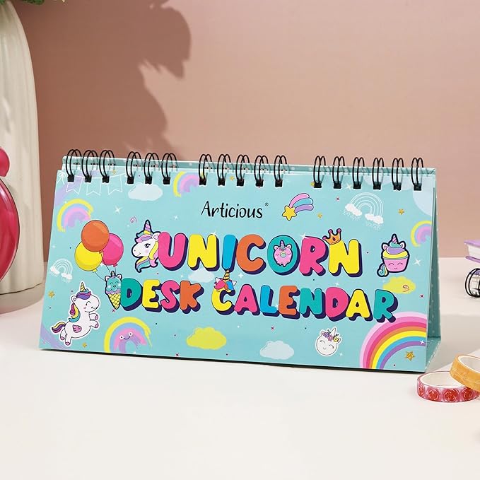 Cute Desk Calendar | Perpetual Table Calendar | Unicorn Design | Size 26x17cm | Spiral Standing Desk Calendar for Kids, Teens, Home & Office Use