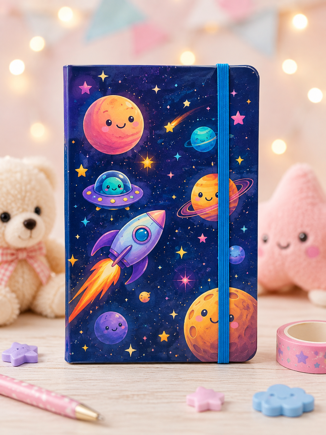 Cute Space Theme Hardcover Notebook | Elastic Band Journal | Diary for Kids, Students & Office Use