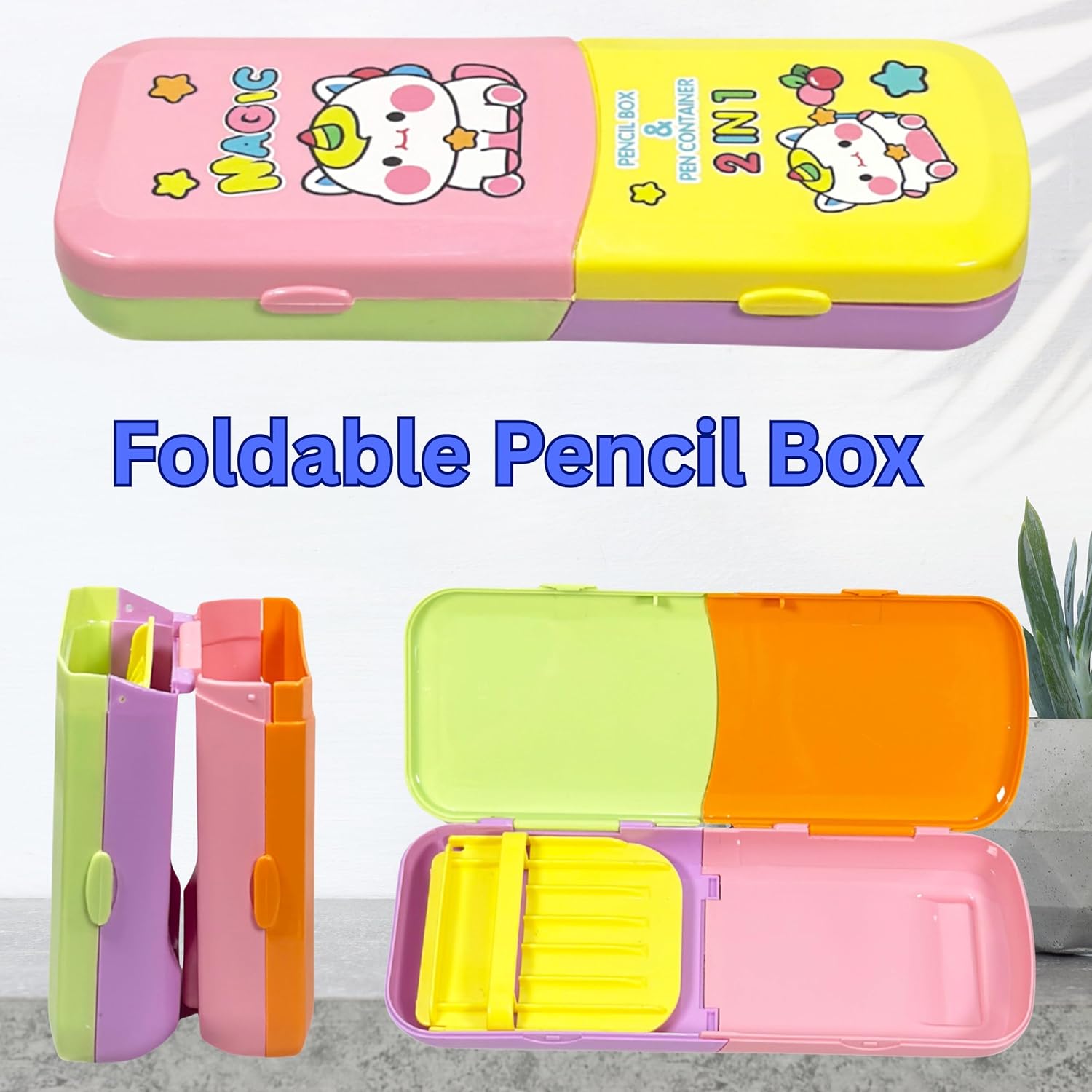 2-in-1 | Foldable Pencil Box & Pen Stand for Kids | Multicolour Cartoon Pencil Case | Compact & Expandable Storage Organiser for School Supplies