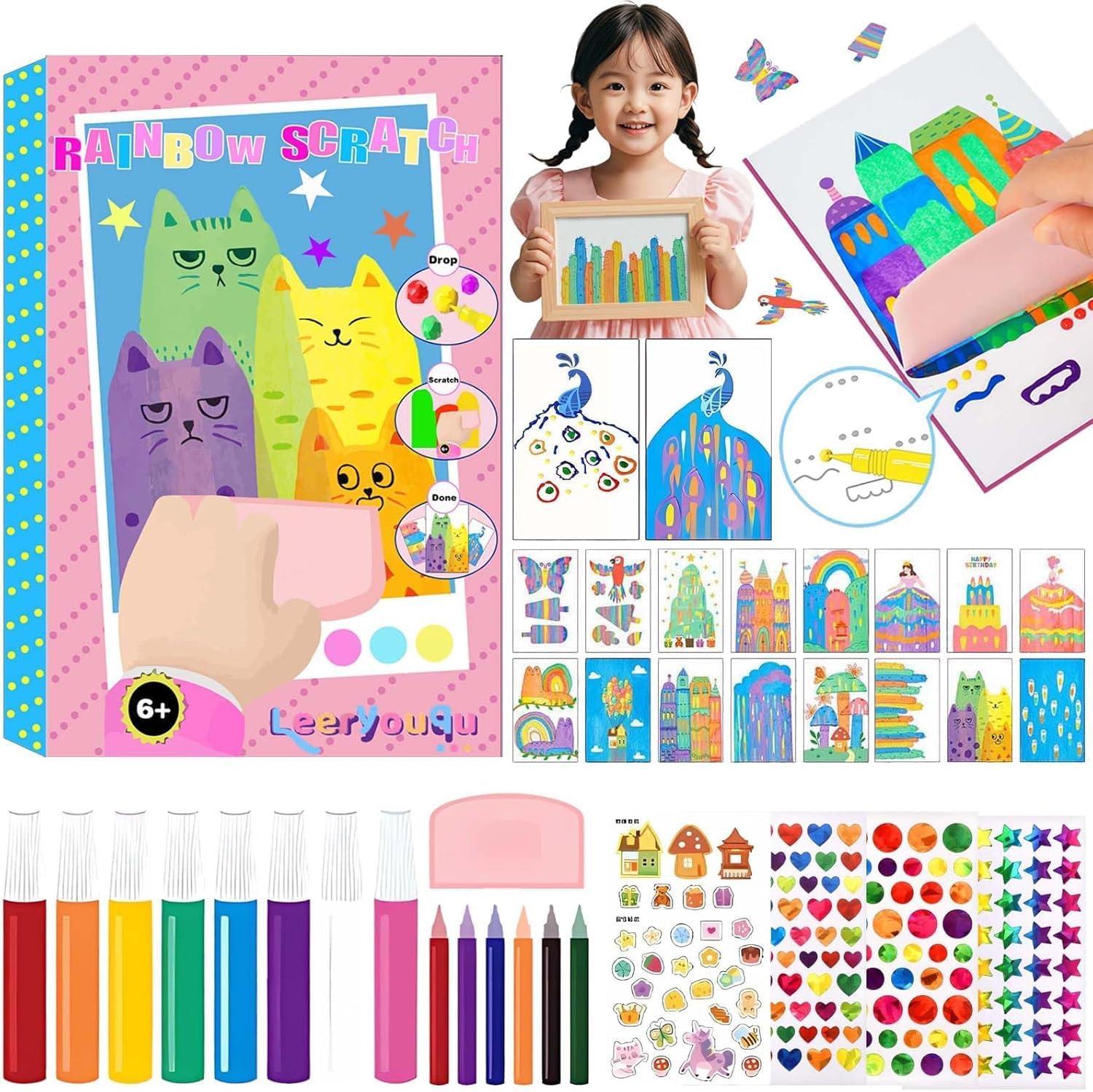 Rainbow Scratch Paper Art Painting Kit for Kids Squeeze Dot Magic DIY Postcard Activity Set, Squeegee Creative Gifts for Girls and Boys