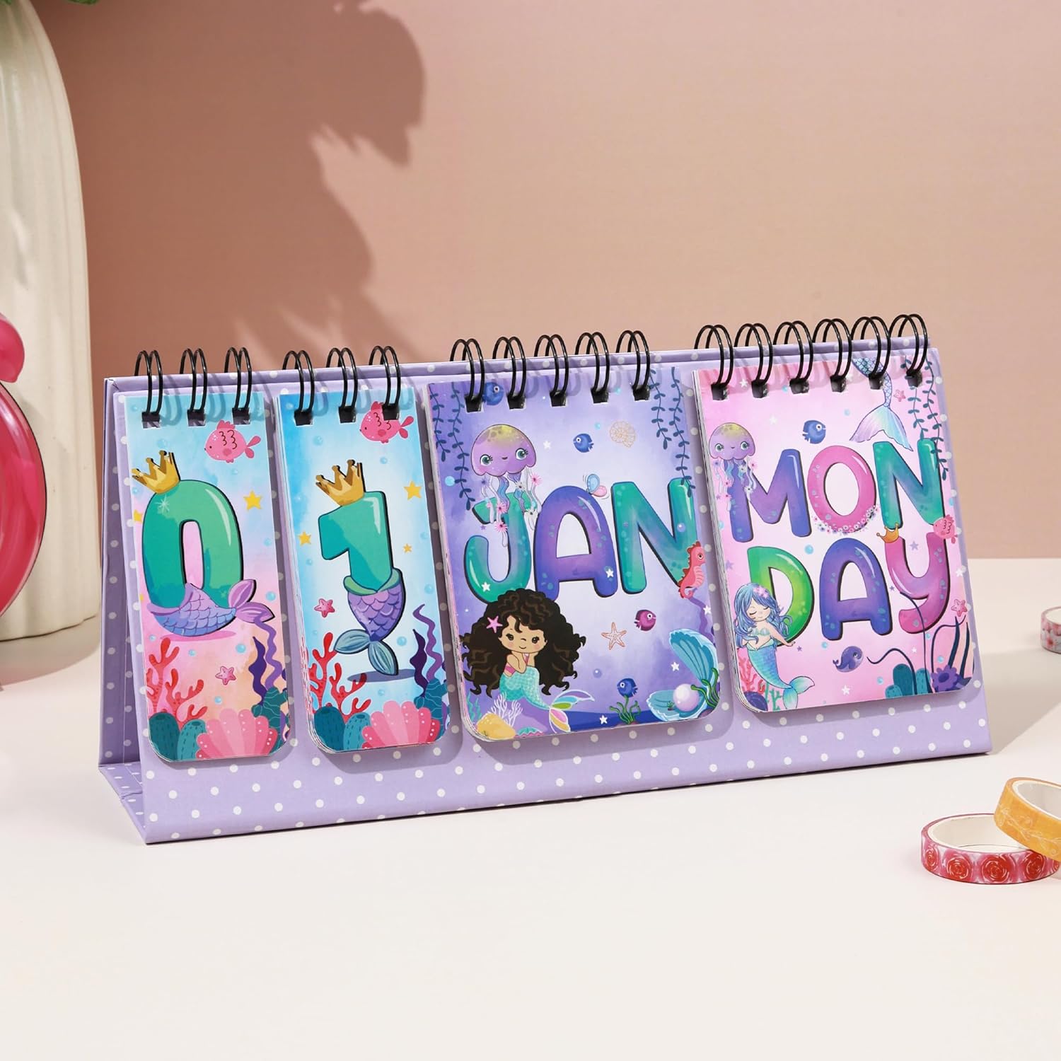 Cute Desk Calendar | Perpetual Table Calendar | Mermaid Design | Size 26x17cm | Spiral Standing Desk Calendar for Kids, Teens, Home & Office Use
