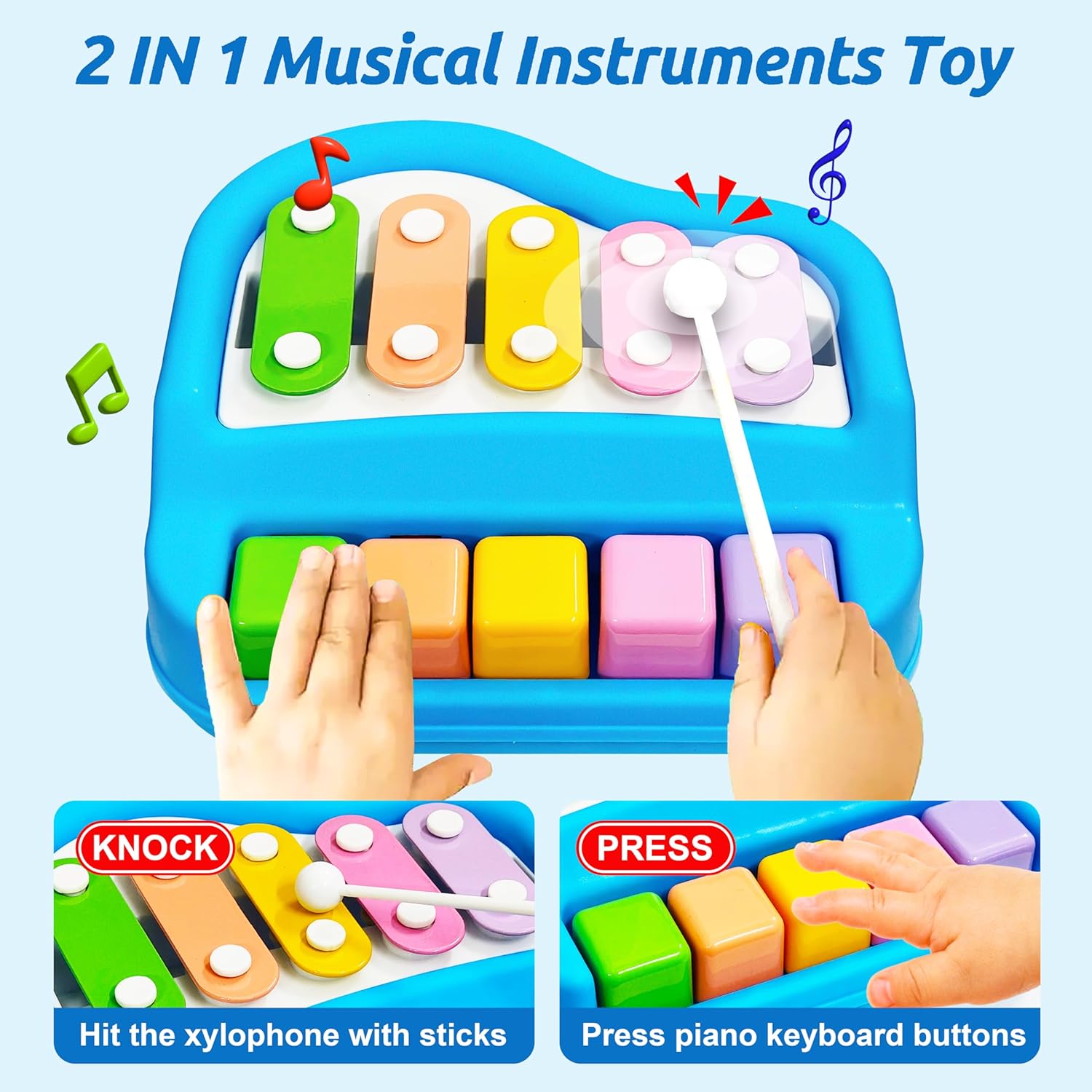 2 in 1 | Small Xylophone and Piano Toy for Kids | Colourful Keys and Drum Sticks | Musical Instrument Toy | Baby and Toddlers | Blue