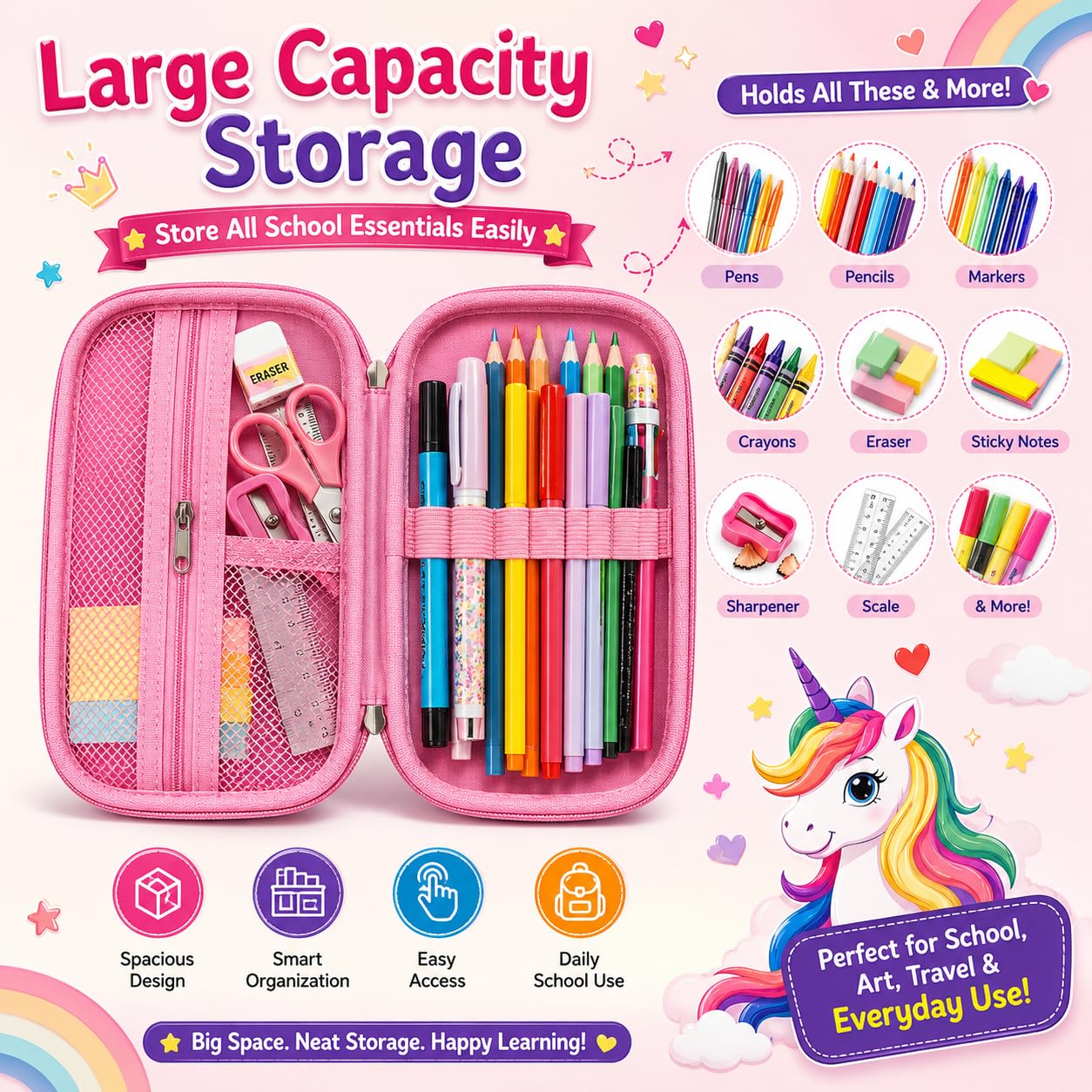 Pencil Box Unicorn Theme with Zip, HardCase Character Box, Multipurpose Large Capacity Jumbo Pencil Box Stationery case