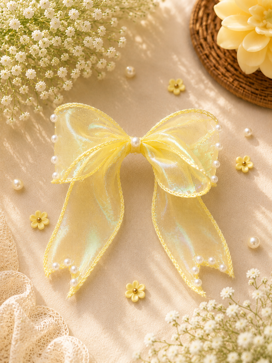 Premium Organza Pearl Hair Bow Clip | Elegant Handmade Hair Accessory for Girls, Kids & Women | Party, Wedding & Festive Wear