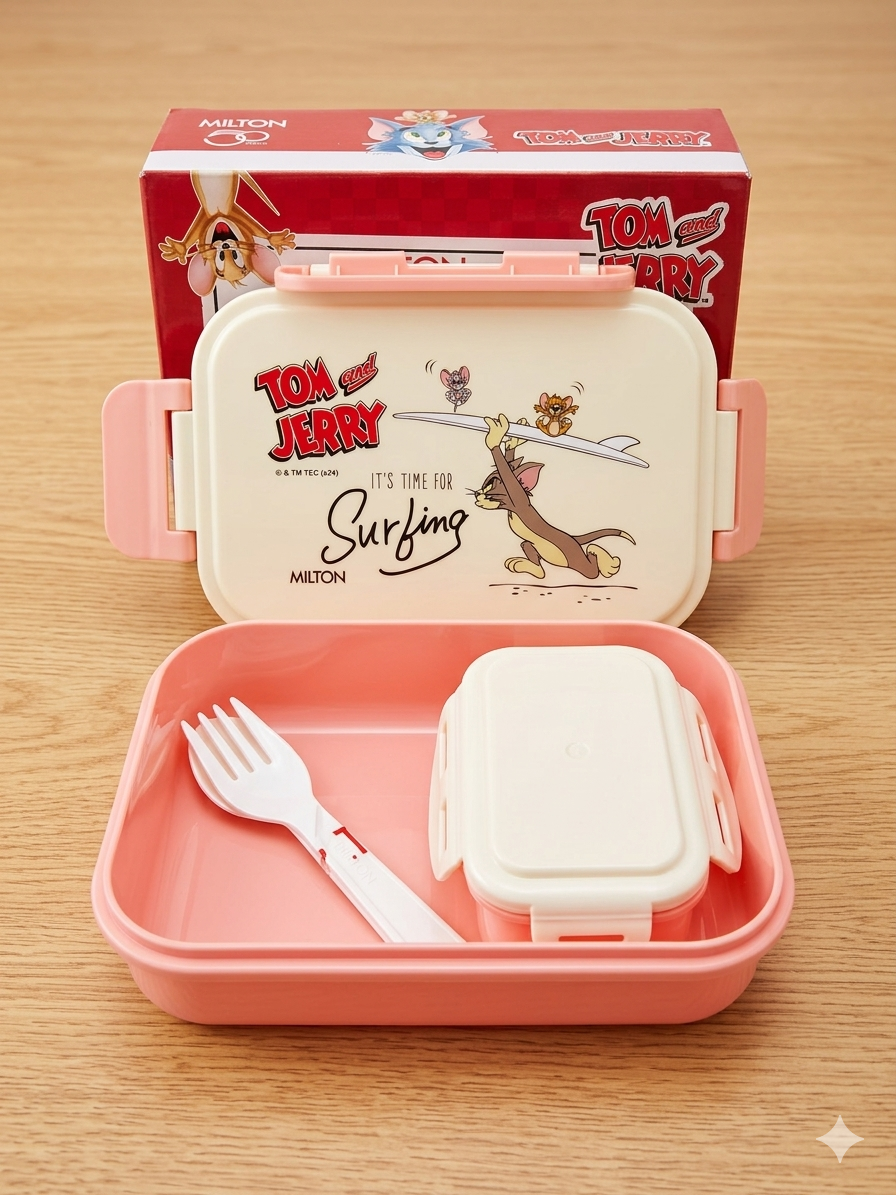 Tom n Jerry Lunch Box for Kids Boys & Girls with Leak-Proof Inner Container | Food Grade | BPA Free | Compact & Durable | Snacks Box for Kids I Plastic Spoon & Fork | 520 ml