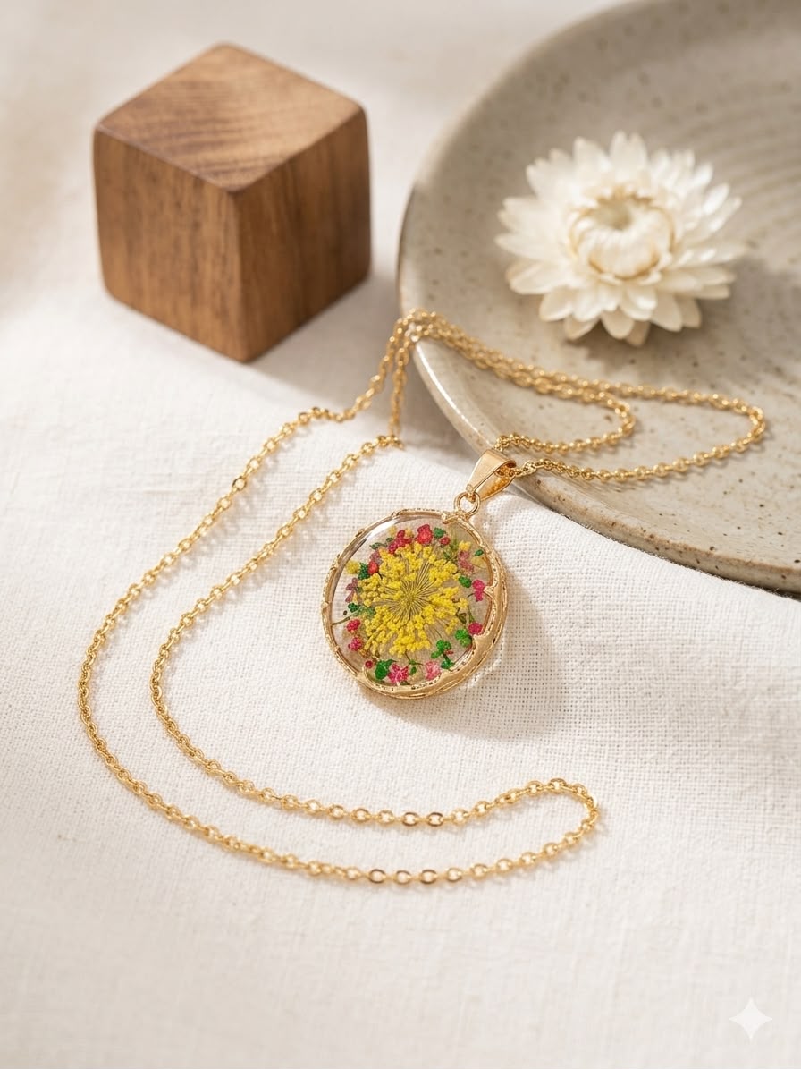 Real flower preserved | Pendant Set with Gold Chain | Handmade Resin Jewellery for Girls | Glossy Finish | Trendy & Gift-Ready
