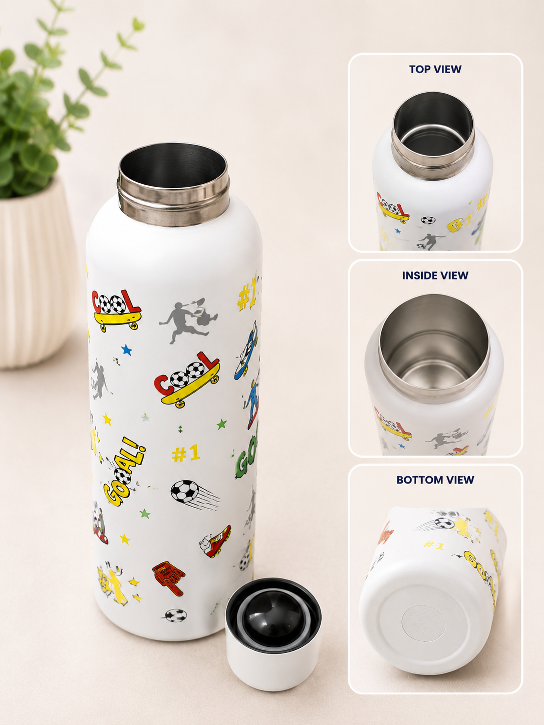 Stainless Steel | Water Bottle | Football Print | Leakproof Bottle for Boys Girls | BPA Free | Reusable Drinking Bottle for School Gym Travel