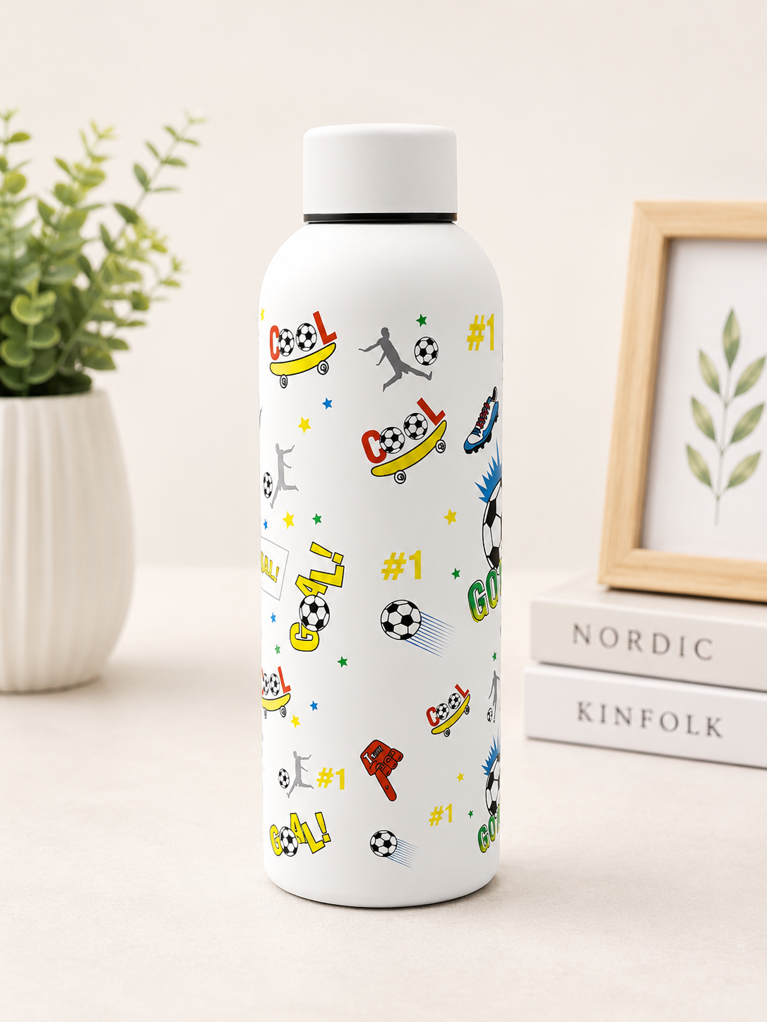 Stainless Steel | Water Bottle | Football Print | Leakproof Bottle for Boys Girls | BPA Free | Reusable Drinking Bottle for School Gym Travel