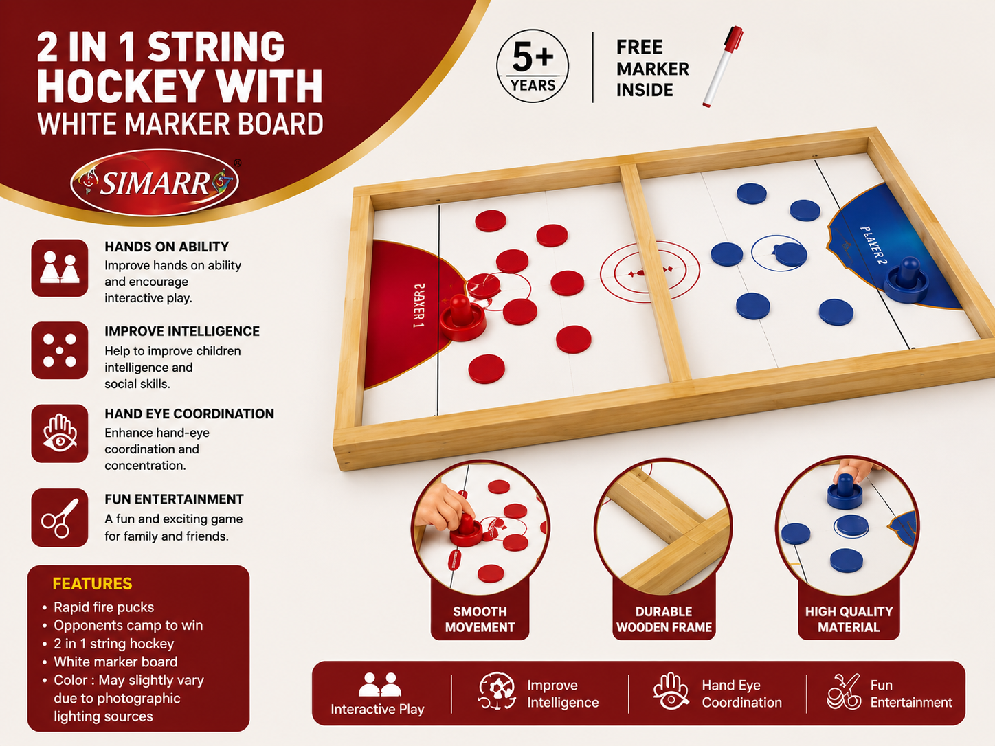 2 in 1 String Hockey | Table Board with White Marker | Kids Boys Girls and Adults All Ages | Wooden Board String Hockey Game