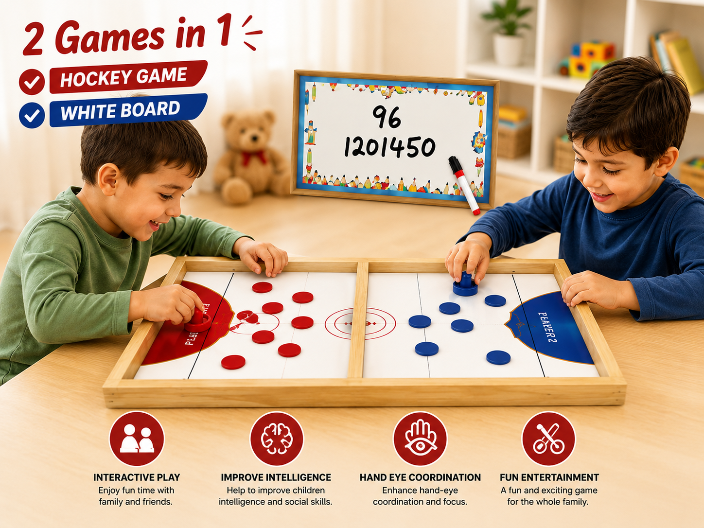2 in 1 String Hockey | Table Board with White Marker | Kids Boys Girls and Adults All Ages | Wooden Board String Hockey Game