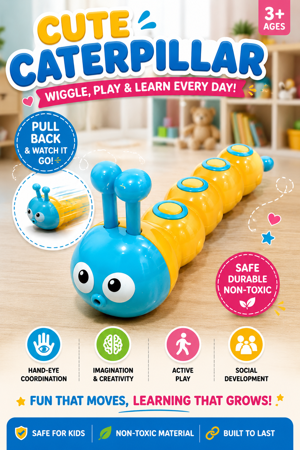 Press n Go Caterpillar Toy for Kids Boys Girls No Battery Crawling Friction Toy Babies Push n Go Activity Learning Toy for Toddlers 1-3 Years