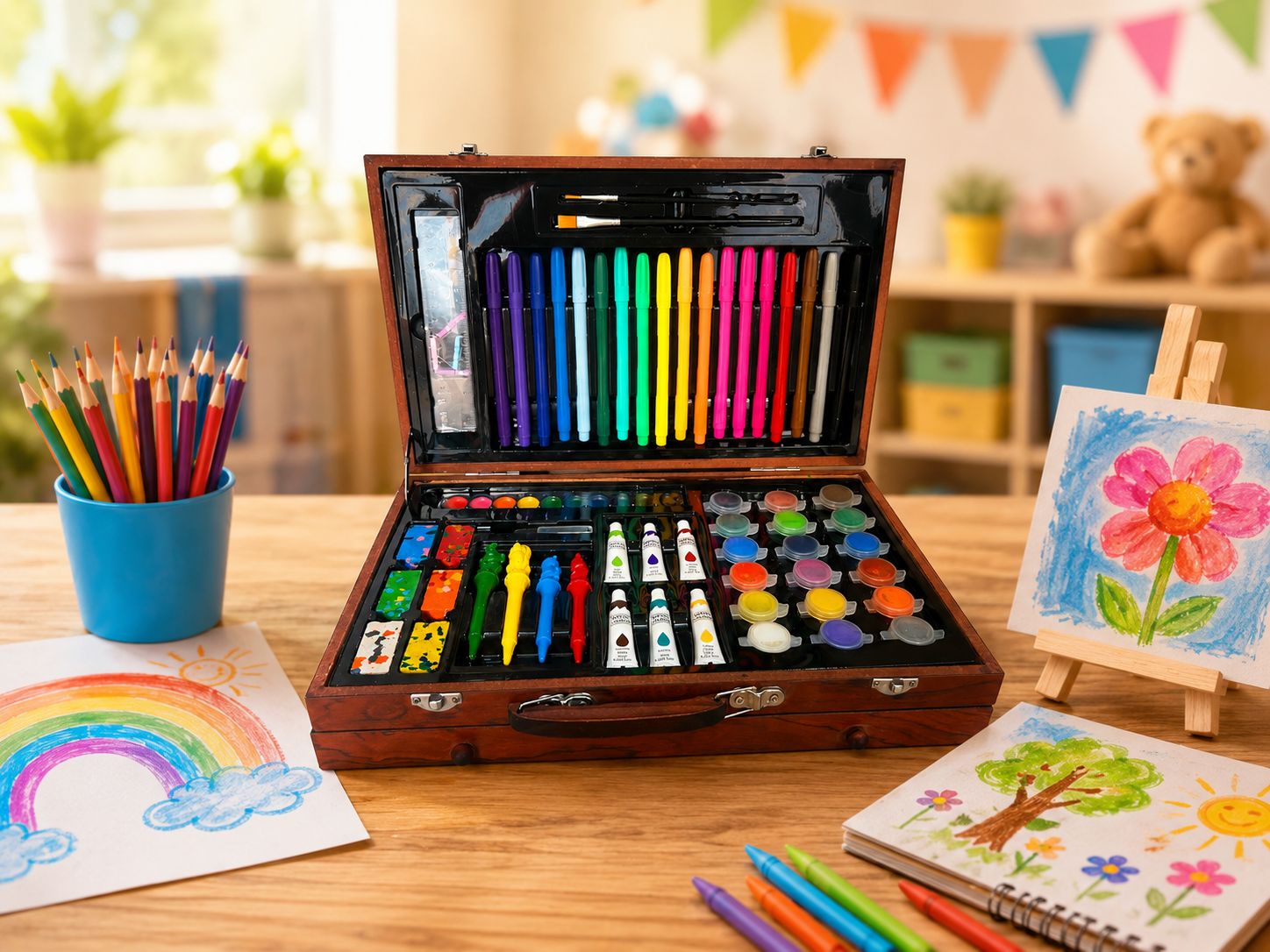 Wooden Artist Art Set – 123 Pieces Kids Drawing & Painting Kit