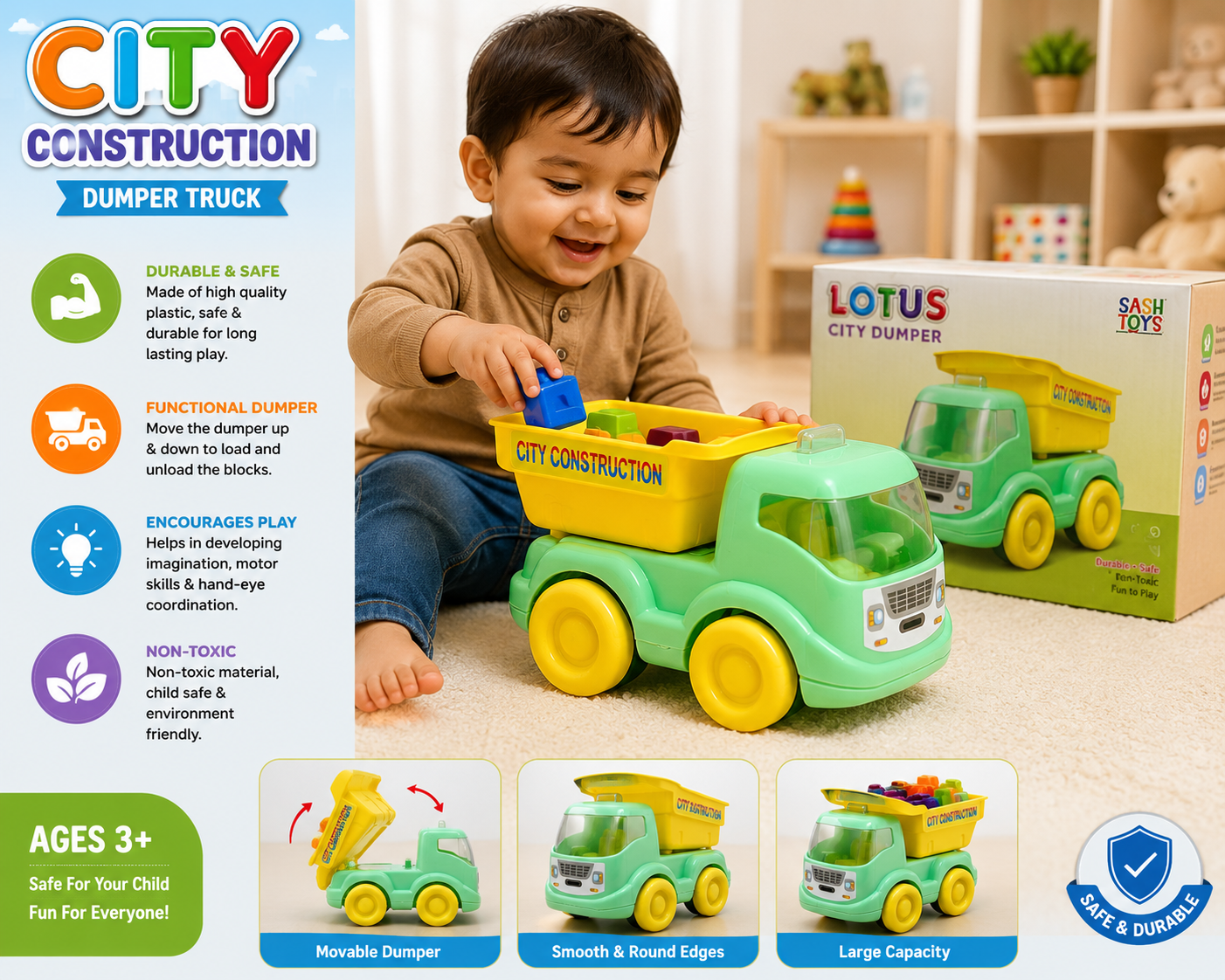 City Construction Dump Truck Toy for Kids (1.5–5 Years) | Friction Powered Push & Go Truck | Mini Construction Vehicle with Tilting Bed | Indoor Outdoor Sandbox Toy | Mint Green