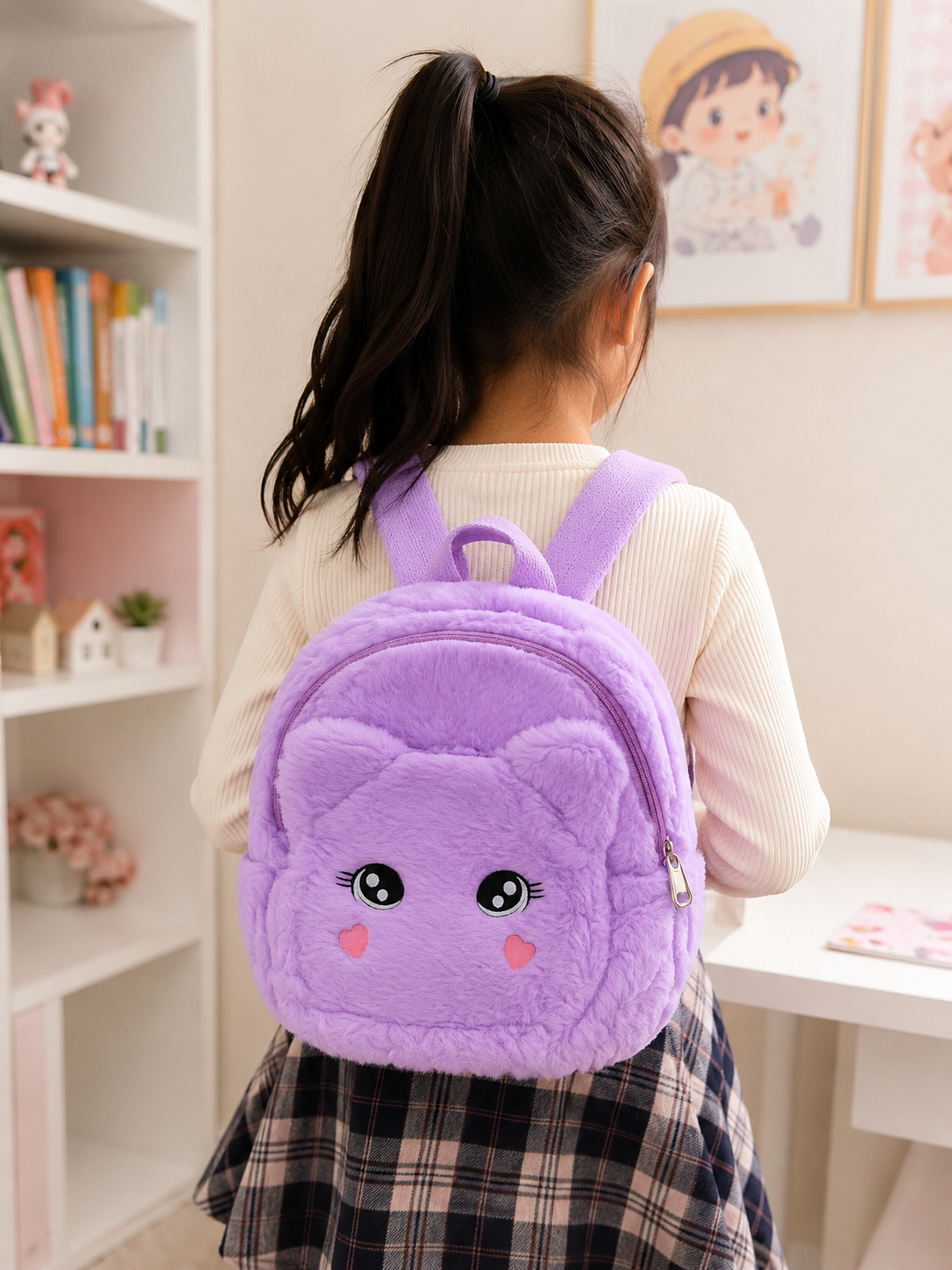 Cute Plush Cartoon Backpack for Girls | Soft Teddy Style Purple School Bag | Lightweight Kids Backpack | Adjustable Straps | Travel Bag for School, Picnic & Daily Use