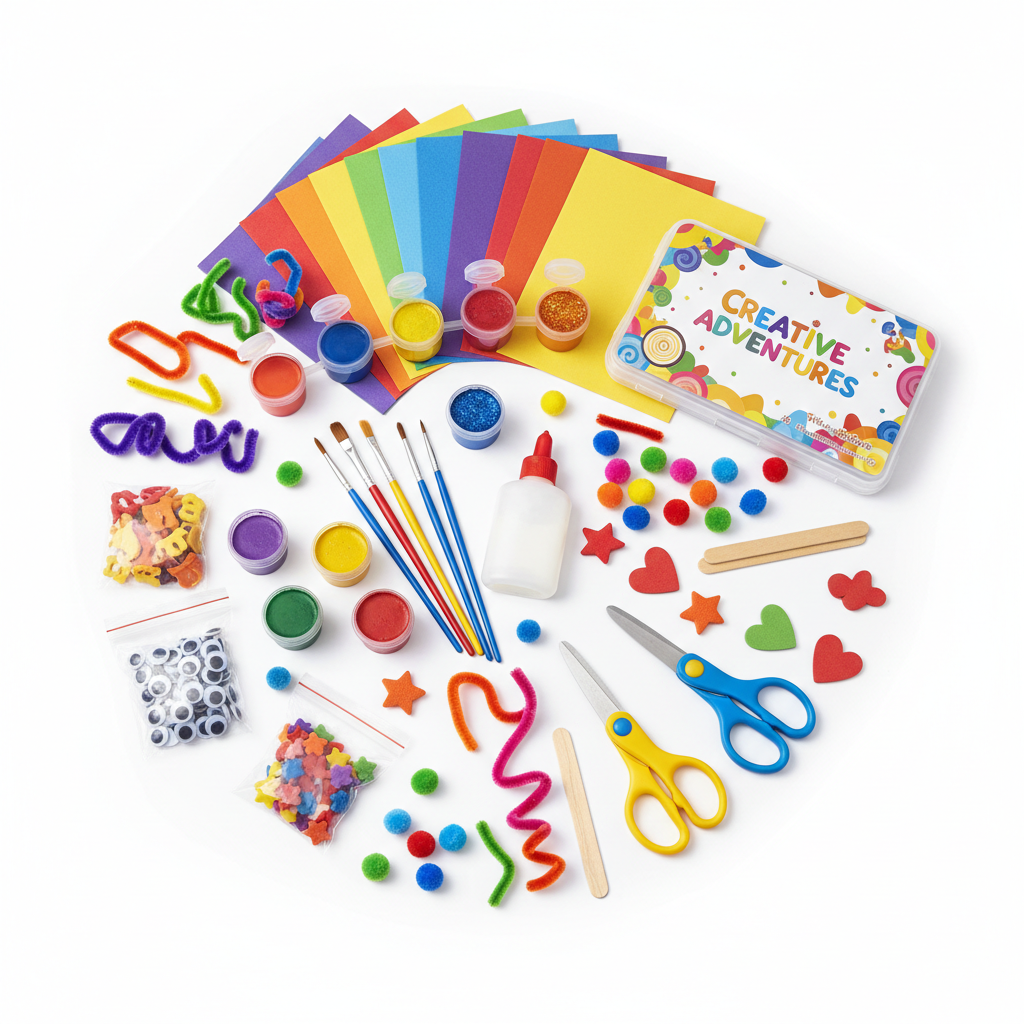 Kids art and craft kit with colorful paints, brushes and craft supplies