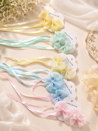 Organza Ribbon Hair Bow Clips Set | Long Tail Hair Accessories for Girls, Kids & Toddlers | Party, School & Festive Wear