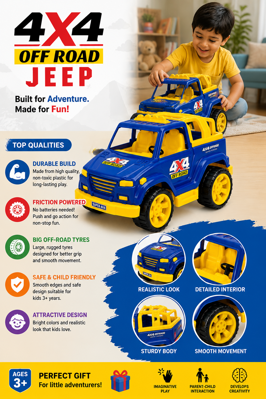 Toy Car for Kids | 4X4 Off Road SUV Jeep | Friction Powered | Plastic Car Toy