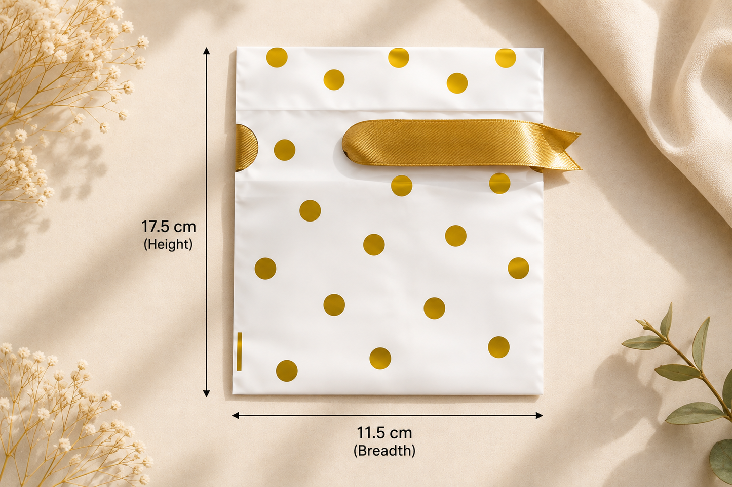 Premium Polka Dot Gift Packing Pouch | White & Gold Gift Wrap Bag with Satin Ribbon | Return Gift & Hamper Packaging