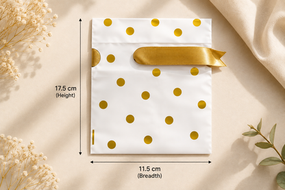 Premium Polka Dot Gift Packing Pouch | White & Gold Gift Wrap Bag with Satin Ribbon | Return Gift & Hamper Packaging