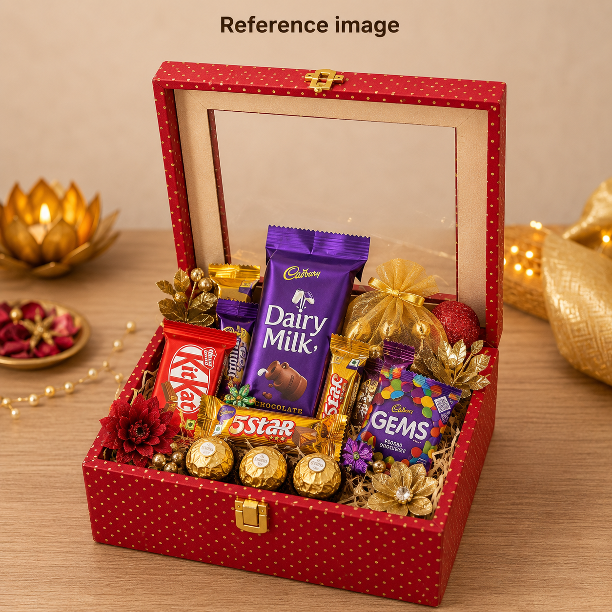 Premium Red Window Gift Box with Golden Lock | 20 × 20 × 5 cm Luxury Hamper Box for Chocolates, Dry Fruits & Festive Gifts (Only box)