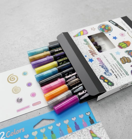 12 Pc Metallic Double Line Outline Markers Glitter Pen Set for Rock Painting, Glass, Mug, Wood, Fabric, Canvas, DIY Craft with Fine Medium Tip Perfect Creative Gift Idea