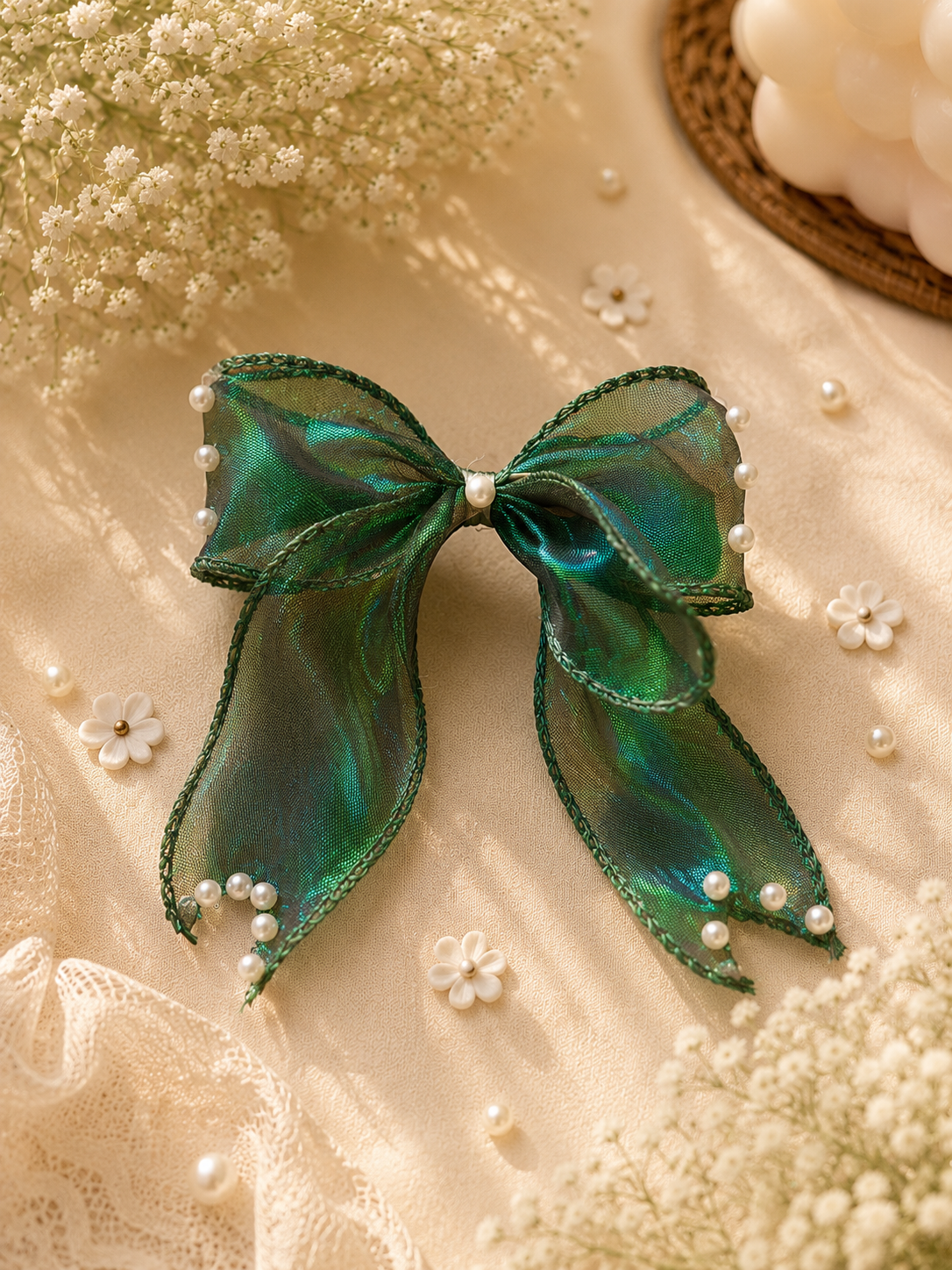 Premium Organza Pearl Hair Bow Clip | Elegant Handmade Hair Accessory for Girls, Kids & Women | Party, Wedding & Festive Wear
