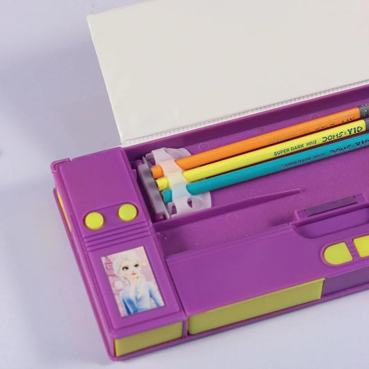 Jumbo Plastic Magnetic Pencil Box with Sharpener for Kids | Cartoon Pencil Box for Boys and Girls | Stationary Pencil Organizer for Girls/Birthday Gift/Return Gift (Frozen) | Purple Color