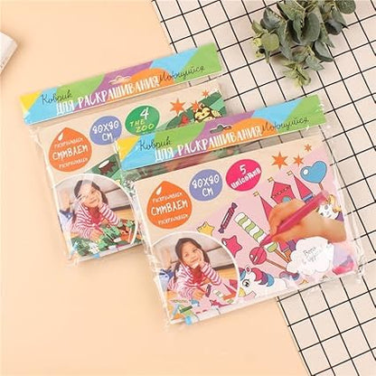 Coloruing Mat | Doodle Drawing | Kids Reusable | Washable Learning Mat with 6 Colour Pens (Random Pattern)