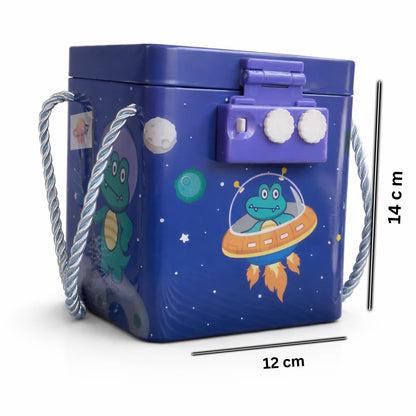 Metal Piggy Bank with Number Lock | Blue Tin Money Saving Box for Kids & Adults | Crocodile Star Travel Print Coin Bank | Cute Space Theme Gullak | Secure Password Locker