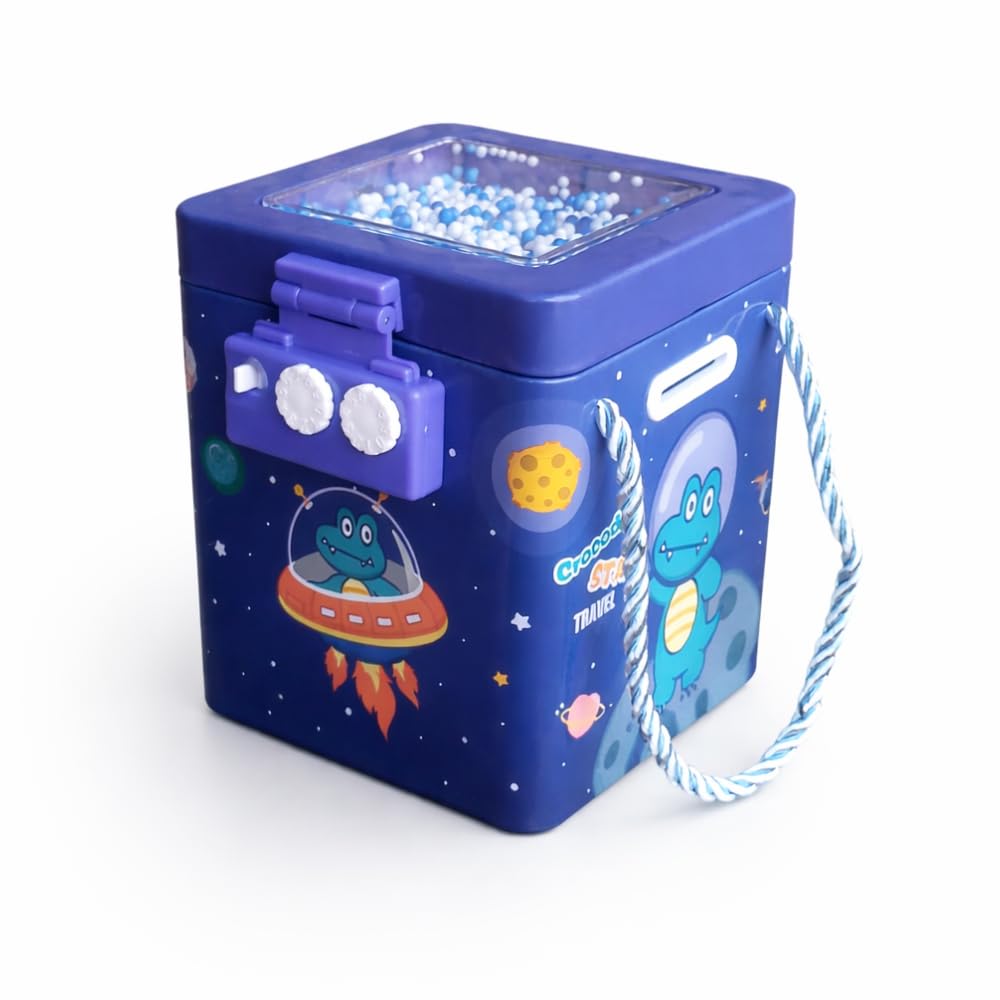 Metal Piggy Bank with Number Lock | Blue Tin Money Saving Box for Kids & Adults | Crocodile Star Travel Print Coin Bank | Cute Space Theme Gullak | Secure Password Locker