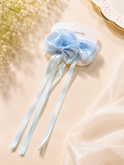 Organza Ribbon Hair Bow Clips Set | Long Tail Hair Accessories for Girls, Kids & Toddlers | Party, School & Festive Wear